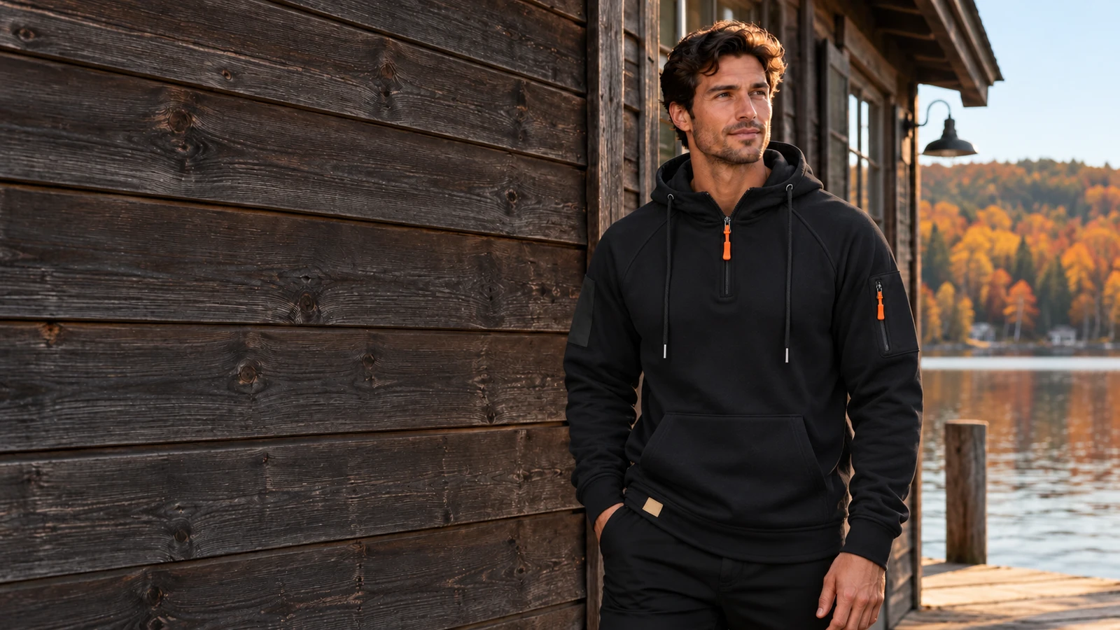 Adult model wearing the Frank Quarter Zip Sweater beside a lakeside boathouse